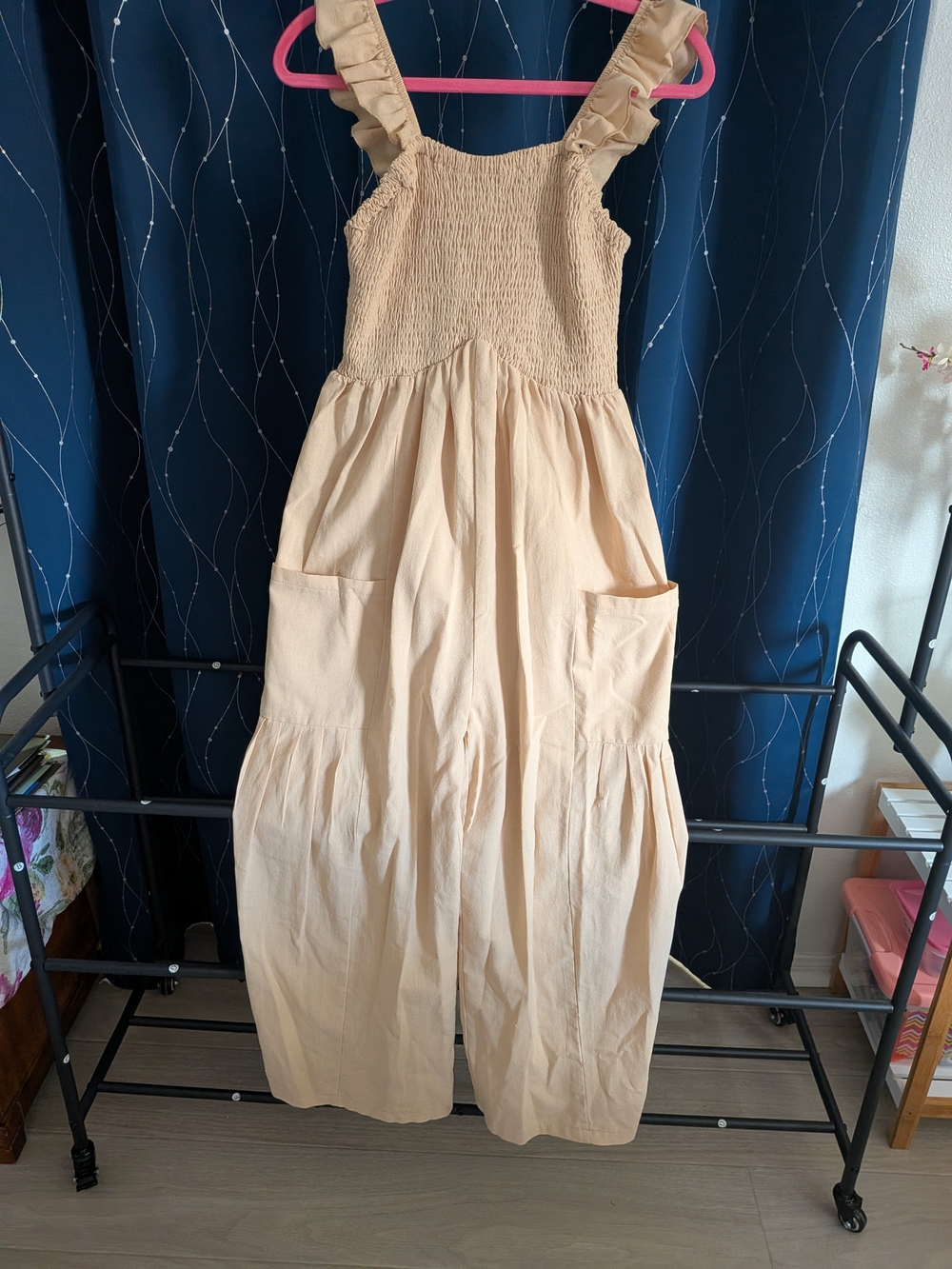 Smocked Ruffle-Strap Wide Leg Jumpsuit in Beige